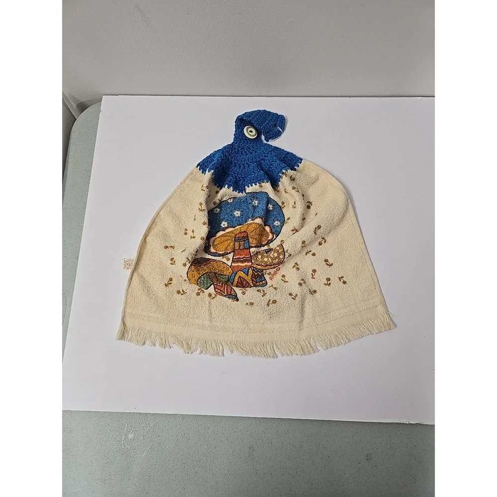 VTG Mushroom RAB Blue Crochet Hanging Dish Towel READ